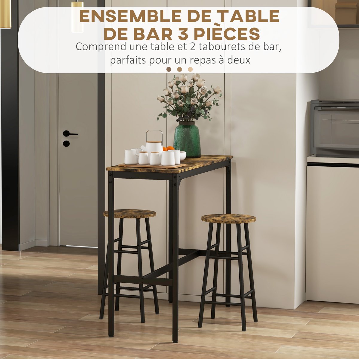 Ensemble de table de bar MDF Brun Rustique brun rustique, noir, HOMCOM
