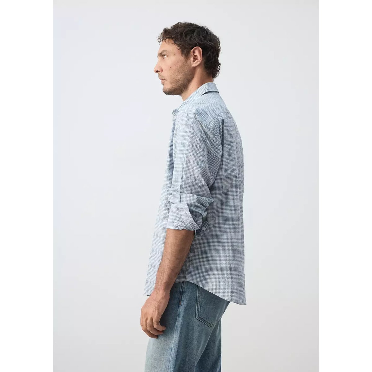 Chemise seersucker texturée à carreaux bleu, MANGO MAN