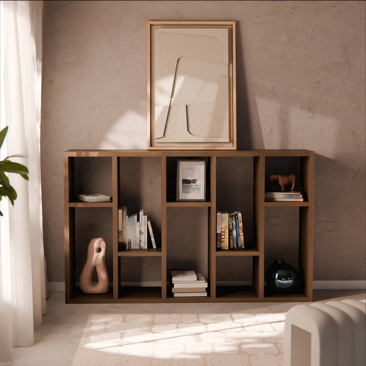 Etagère bibliothèque décor bois asymétrique 5 niveaux 10 compartiments BASIKS noyer, SWEEEK