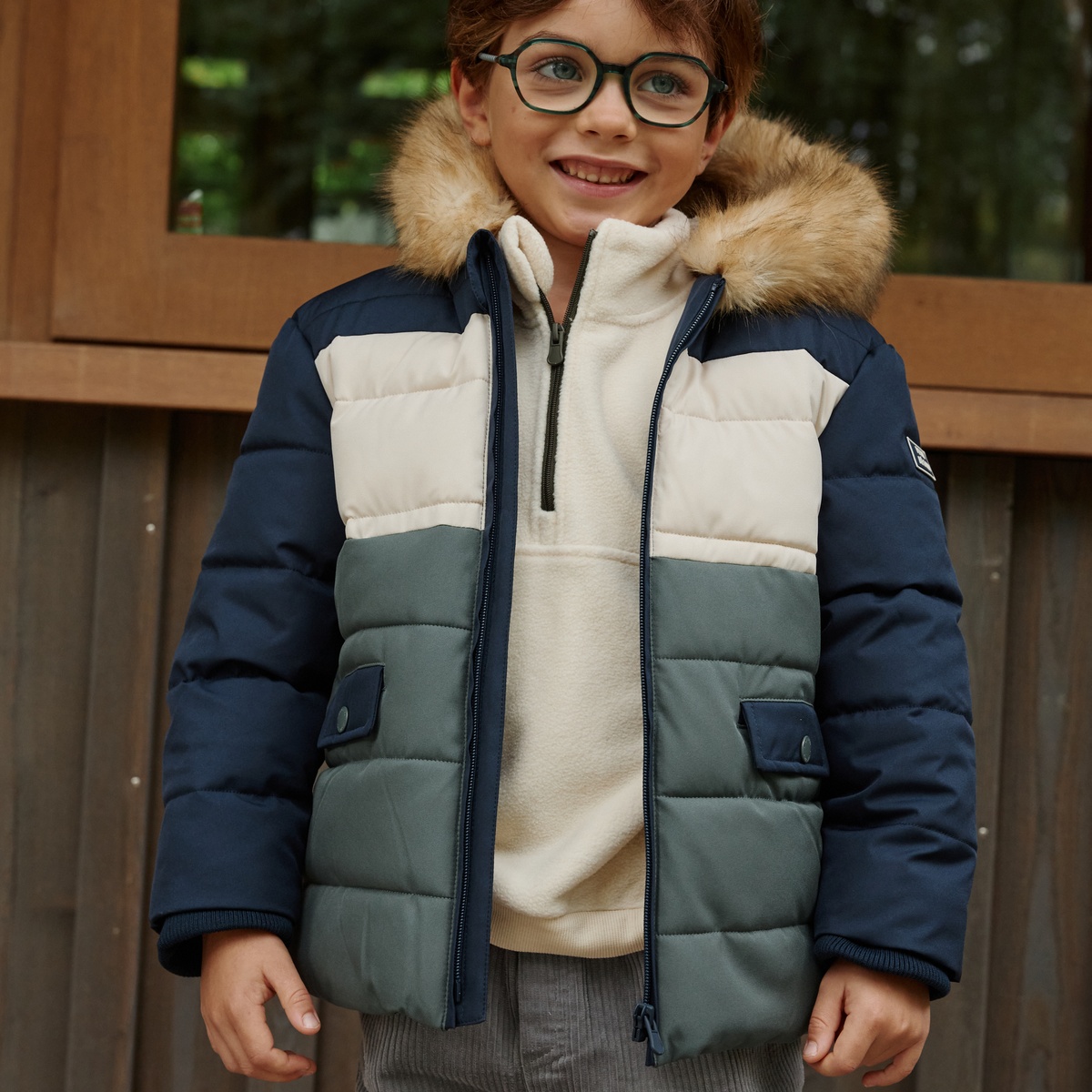 Doudoune enfant imperméable doublée sherpa avec capuche Noah bleu, PETIT BEGUIN