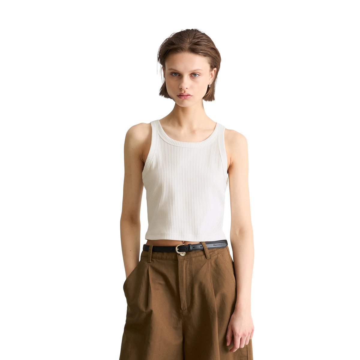 Top côtelé slim cropped en jersey stretch blanc, MARC O’POLO DENIM