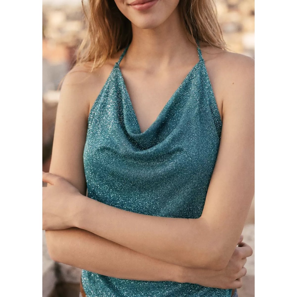Top halter en maille métallisée bleu, MANGO TEEN