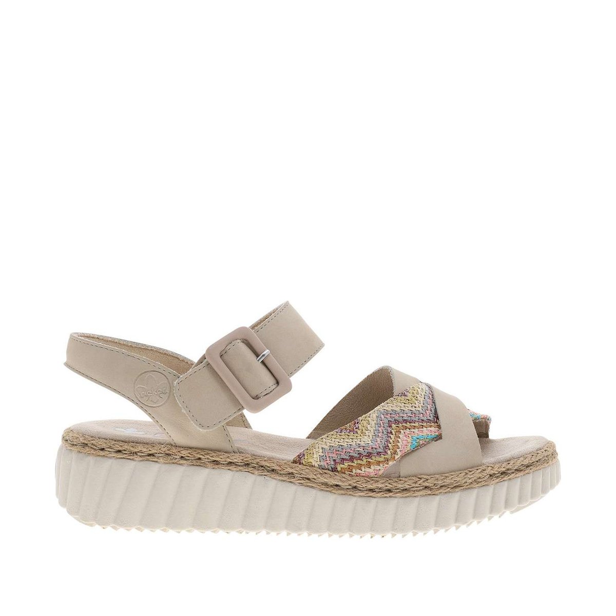 Nu-pieds beiges à semelle compensée et une fermeture à boucle à ardillon beige, RIEKER