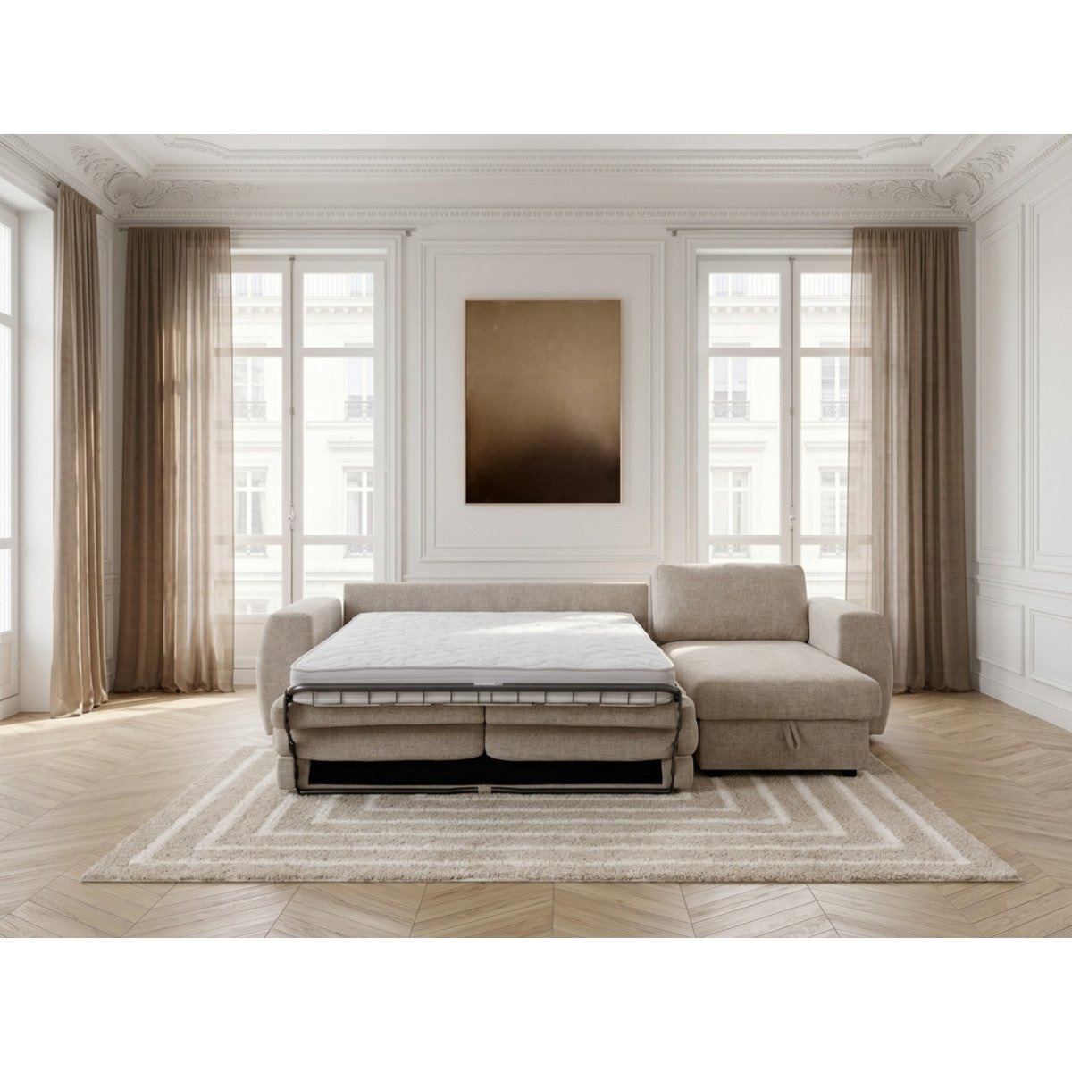 Canapé d'angle convertible 4 places en tissu texturé couchage 140x190 cm, HUGO beige, BOBOCHIC