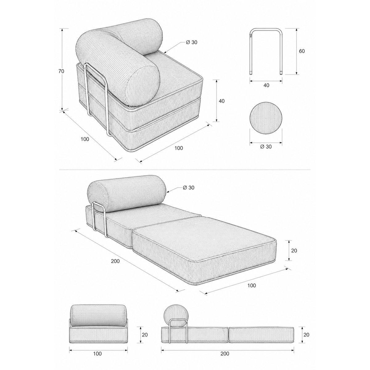 Fauteuil modulable en velours côtelé SURB crème, MEOW BABY