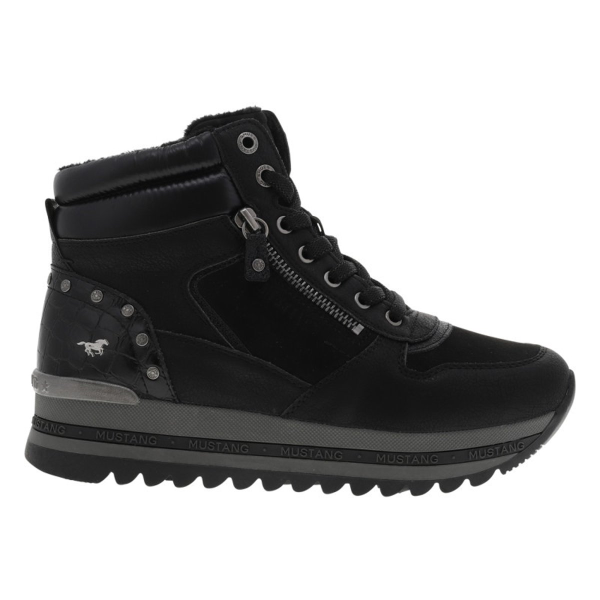 Baskets noires à talon semi-compensé avec des lacets et un zip latéral noires, MUSTANG