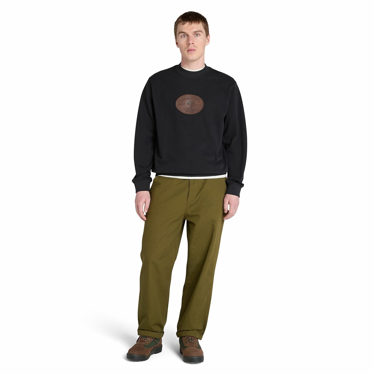 Sweat col rond avec logo en cuir noir, TIMBERLAND