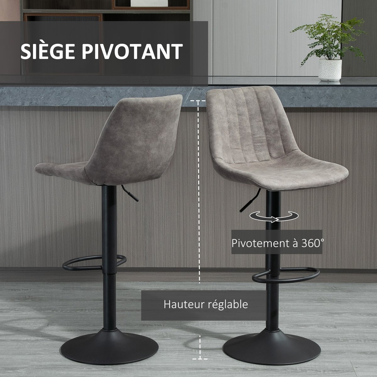 Tabouret de bar Tissu Gris gris et noir, HOMCOM