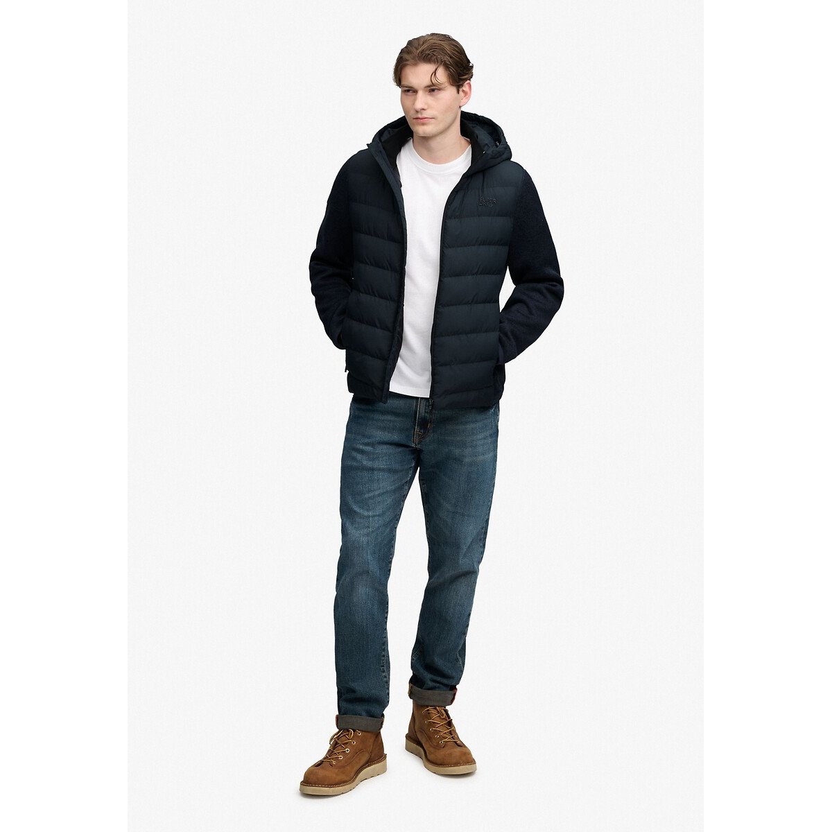 Veste hybride, en maille, à capuche bleu marine, SUPERDRY