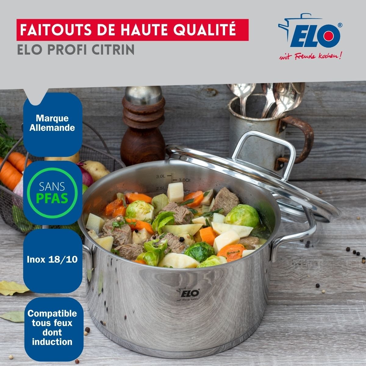 Batterie 1 poêle 28cm + 2 faitouts 12/16cm PROFI CITRIN inox, ELO