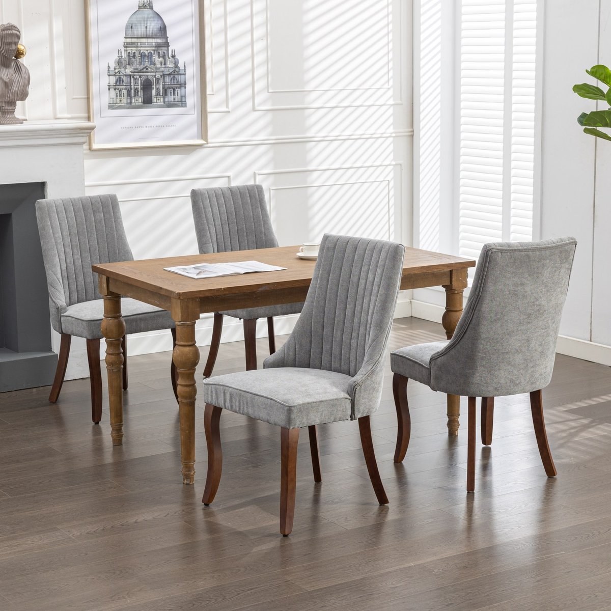 Lot de 4 chaises de salle à manger en tissu chenille avec pieds bois, GERRYB gris, MEUBLES COSY
