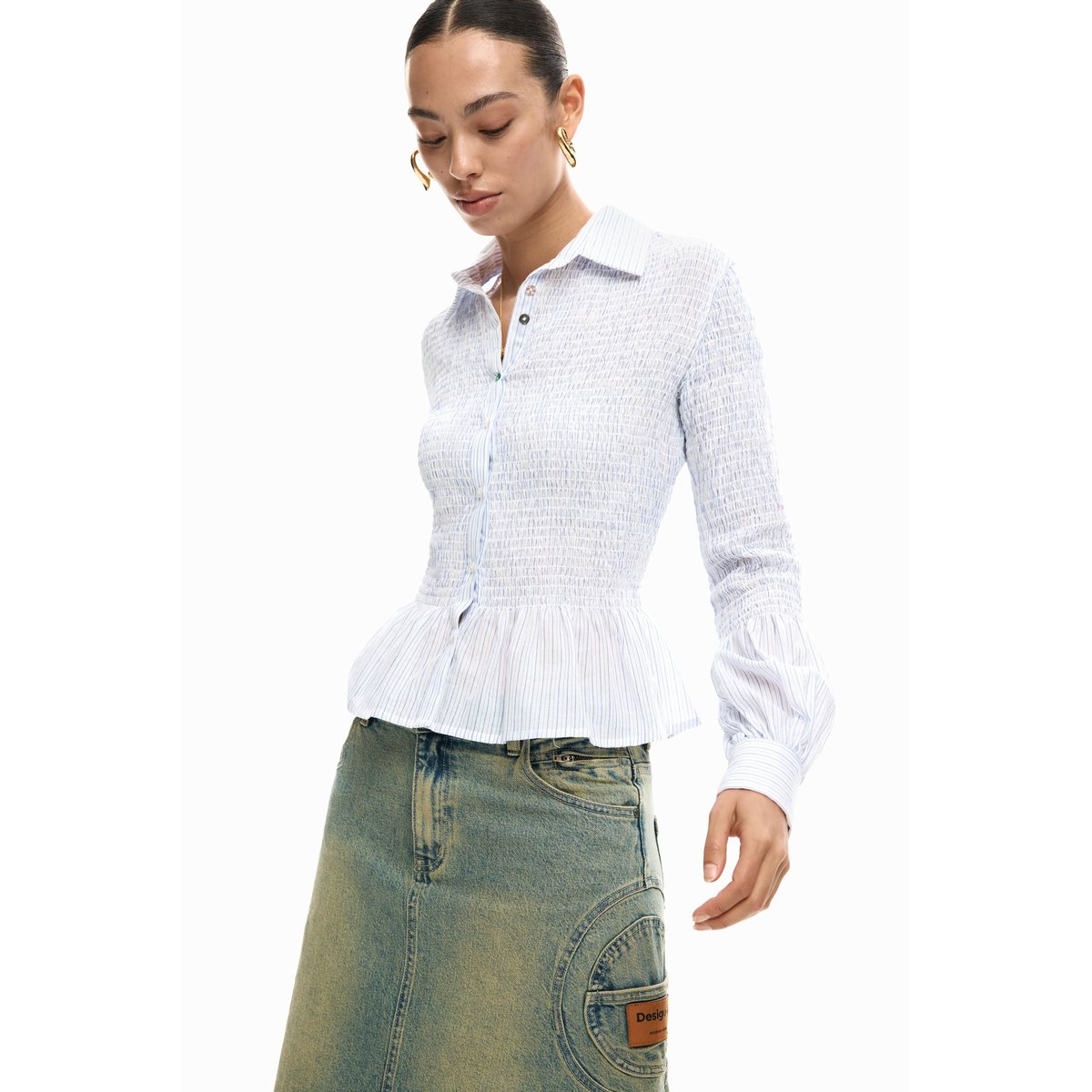 Chemise froncée à rayures beige, DESIGUAL