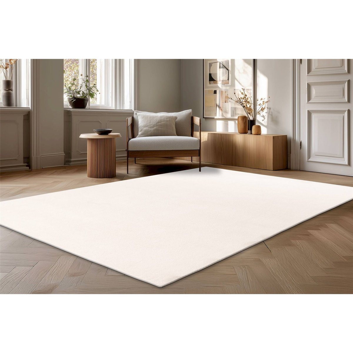 Tapis rectangulaire à poil court antidérapant blanc pur intemporel, ARTE ESPINA