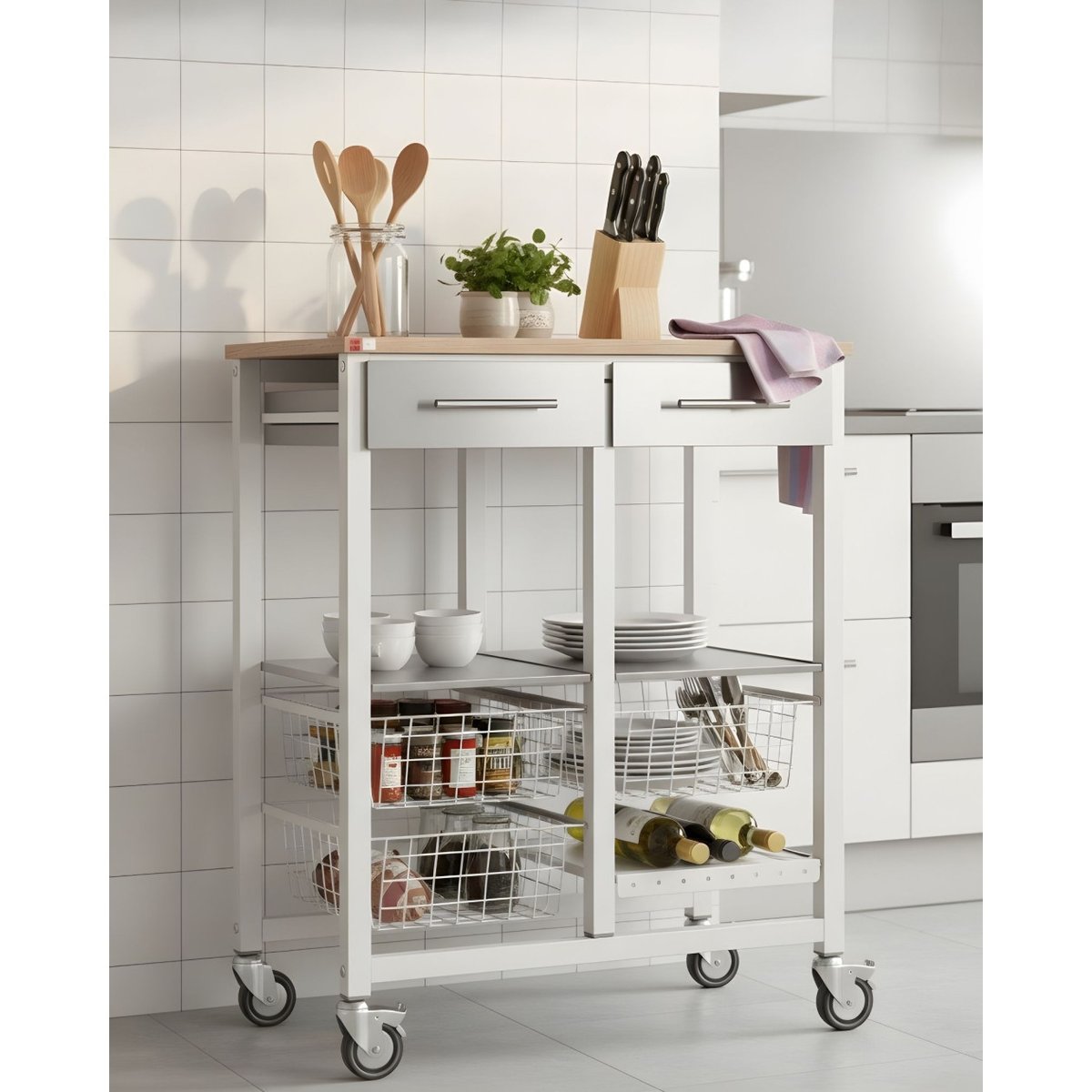 Chariot de cuisine ONDA DOBLE, Chariot métallique double avec 3 paniers, 2 tiroirs, porte-bouteilles blanc, DON HIERRO