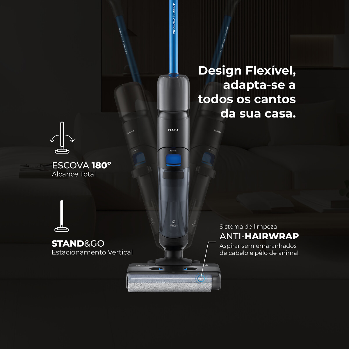 Aspirador Vertical Sem Fios Aqualine Clean&Go 1691FL, FLAMA preto , FLAMA