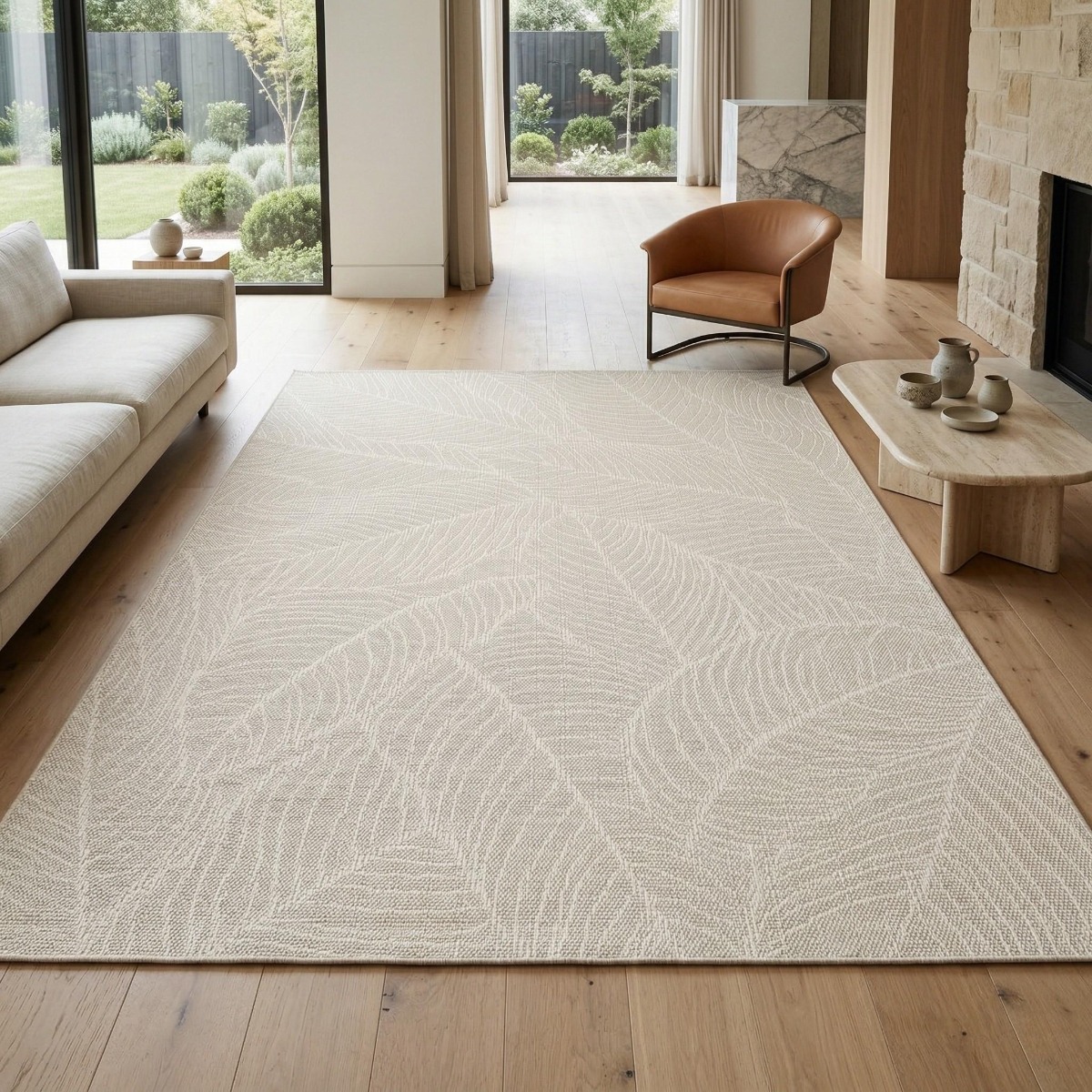 Tapis extérieur intérieur feuilles tissé  SUNSHINE LEAVES crème, THE DECO FACTORY