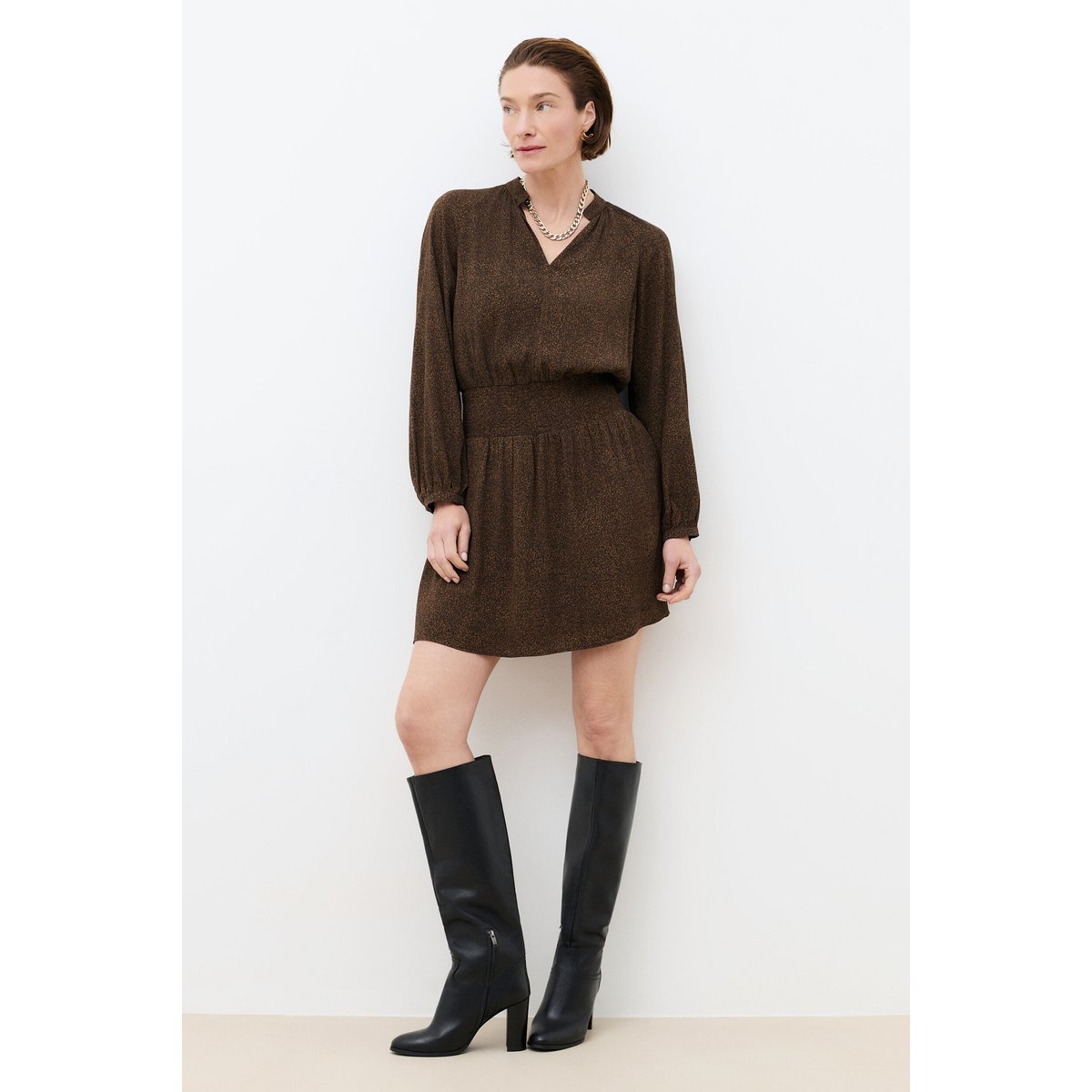 Robe fluide col tunisien RSYLVIA marron chocolat, CAROLL