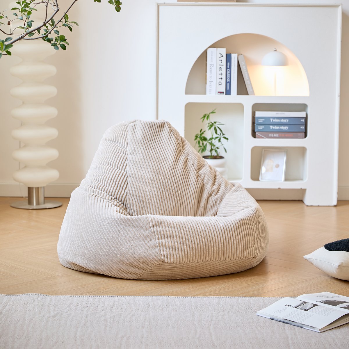 Pouf de salon, velours côtelé, GRANA beige, NORDLYS