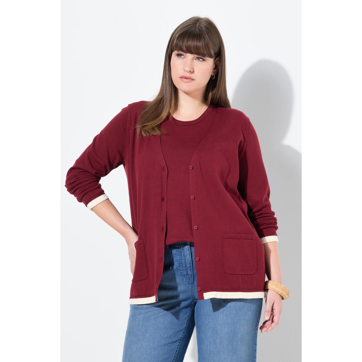 Cardigan en coton bio rouge cerise foncé, ULLA POPKEN