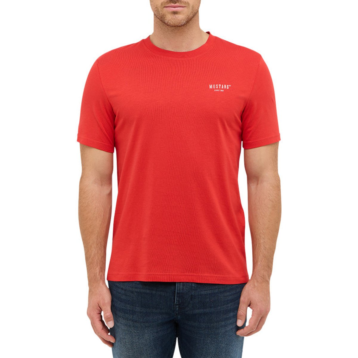 T-shirt en coton rouge uni avec un col rond et des manches courtes rouge, MUSTANG