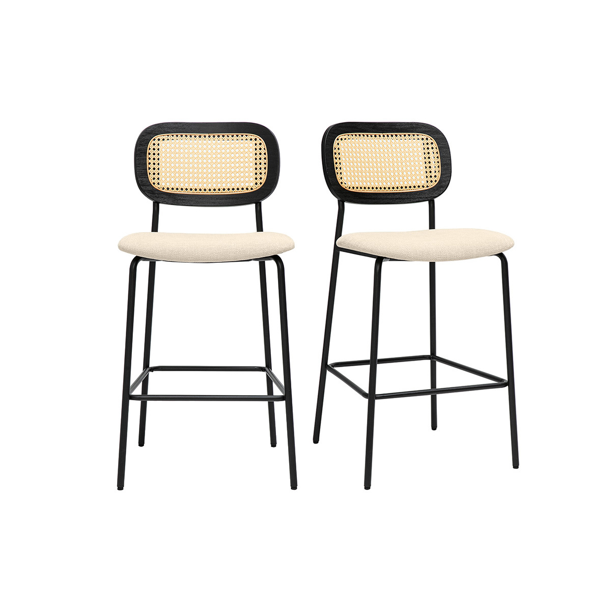Tabourets design en tissu effet velours texturé terre brulée, métal noir et cannage rotin (lot de 2) MIRANDA beige, MILIBOO
