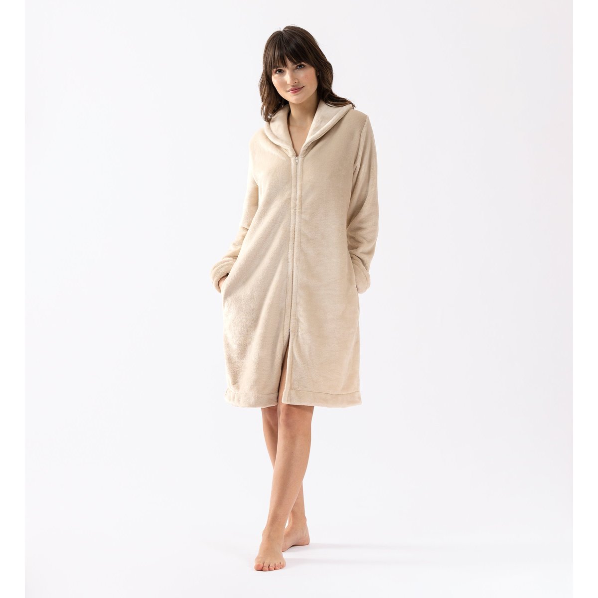 Robe de chambre zipée en peluche flanelle ESSENTIEL H56B beige, LE CHAT