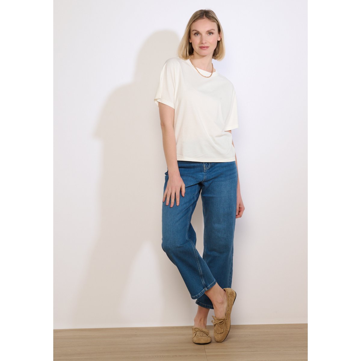 T-shirt fluide manches courtes blanc casse, LOLALIZA