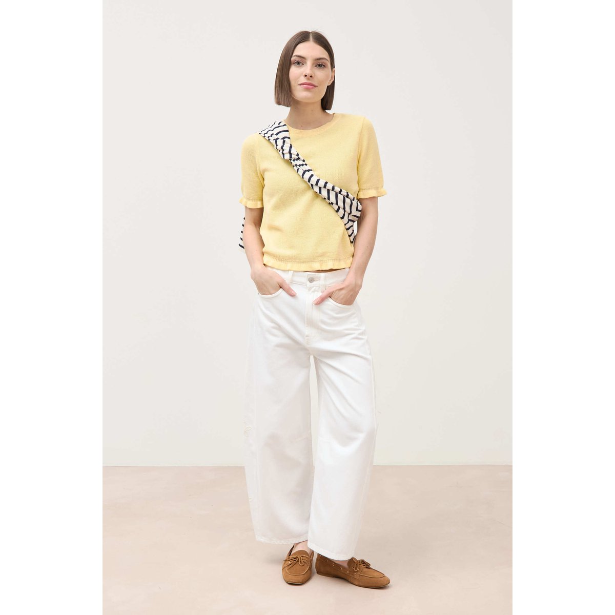 Pull droit col rond manches courtes jaune clair, BONOBO