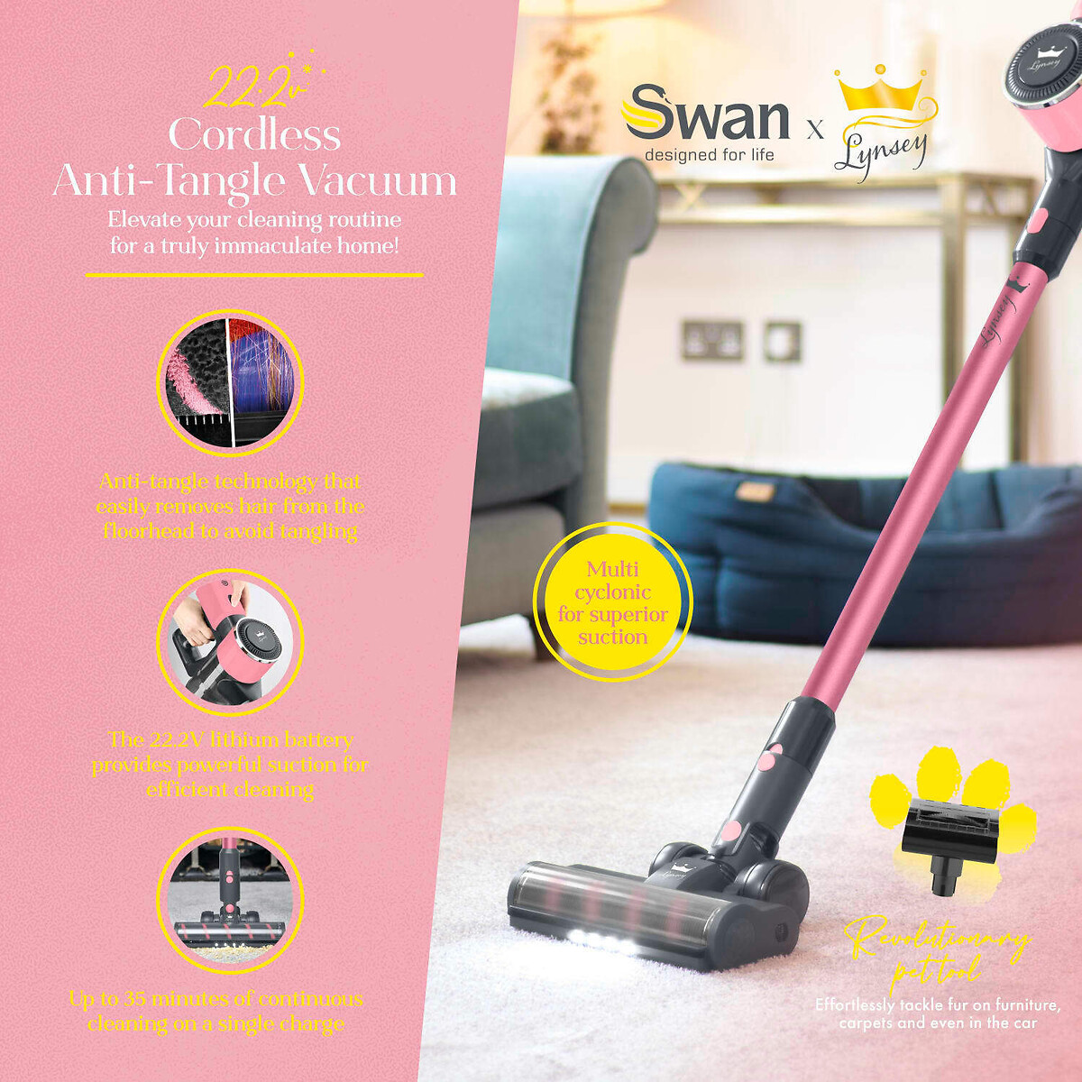 Lynsey Queen of Clean 22.2V Cordless Vacuum Cleaner pink, SWAN