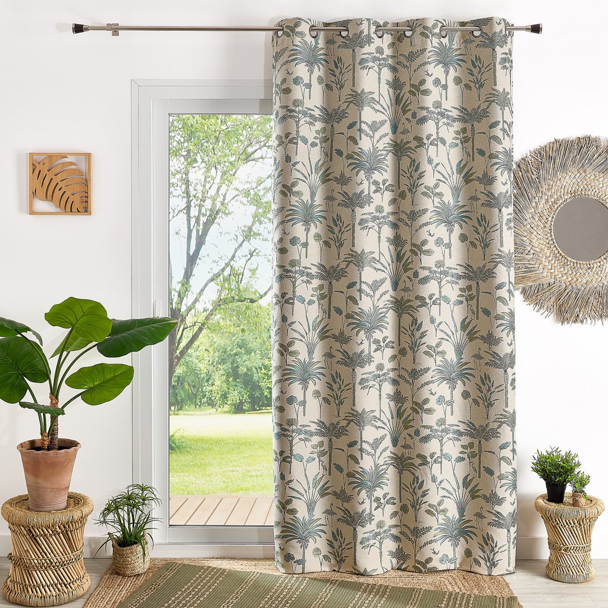 Rideau Jacquard exotique motif palmier - QABANE bleu, HOME MAISON