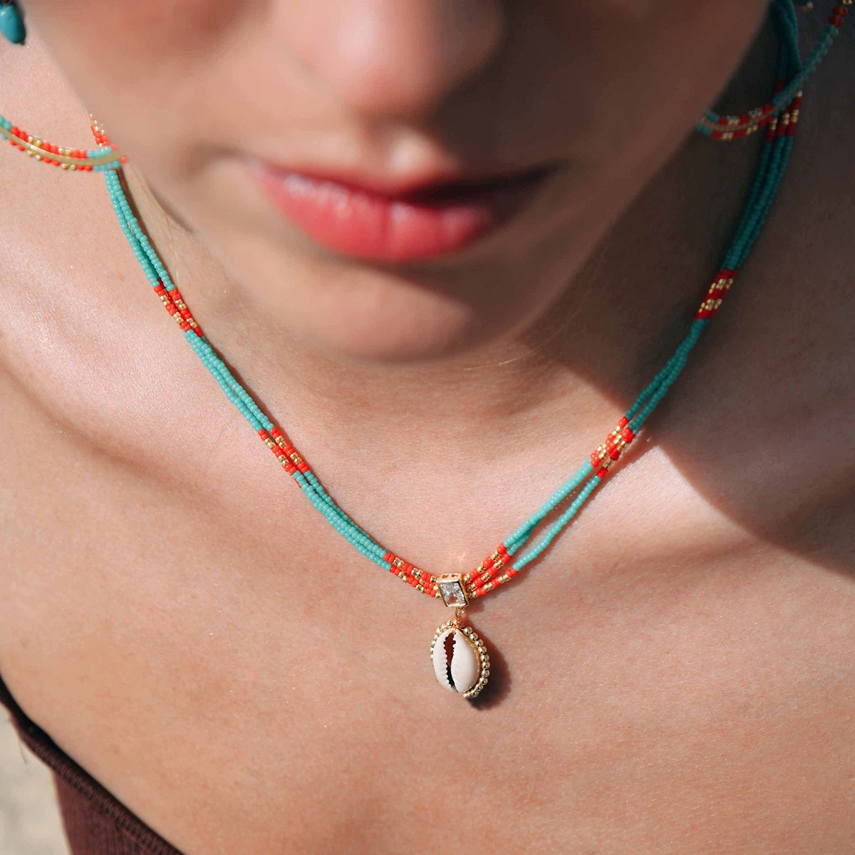 Collier ajustable multirang avec perle et pendentif central NYMPHE turquoise, HIPANEMA