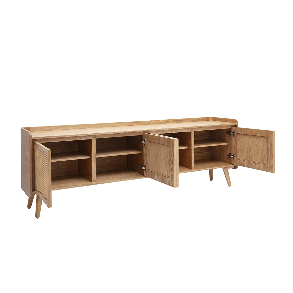 Meuble TV en bois clair frêne et cannage rotin L200 cm ELSY couleur unique, MILIBOO