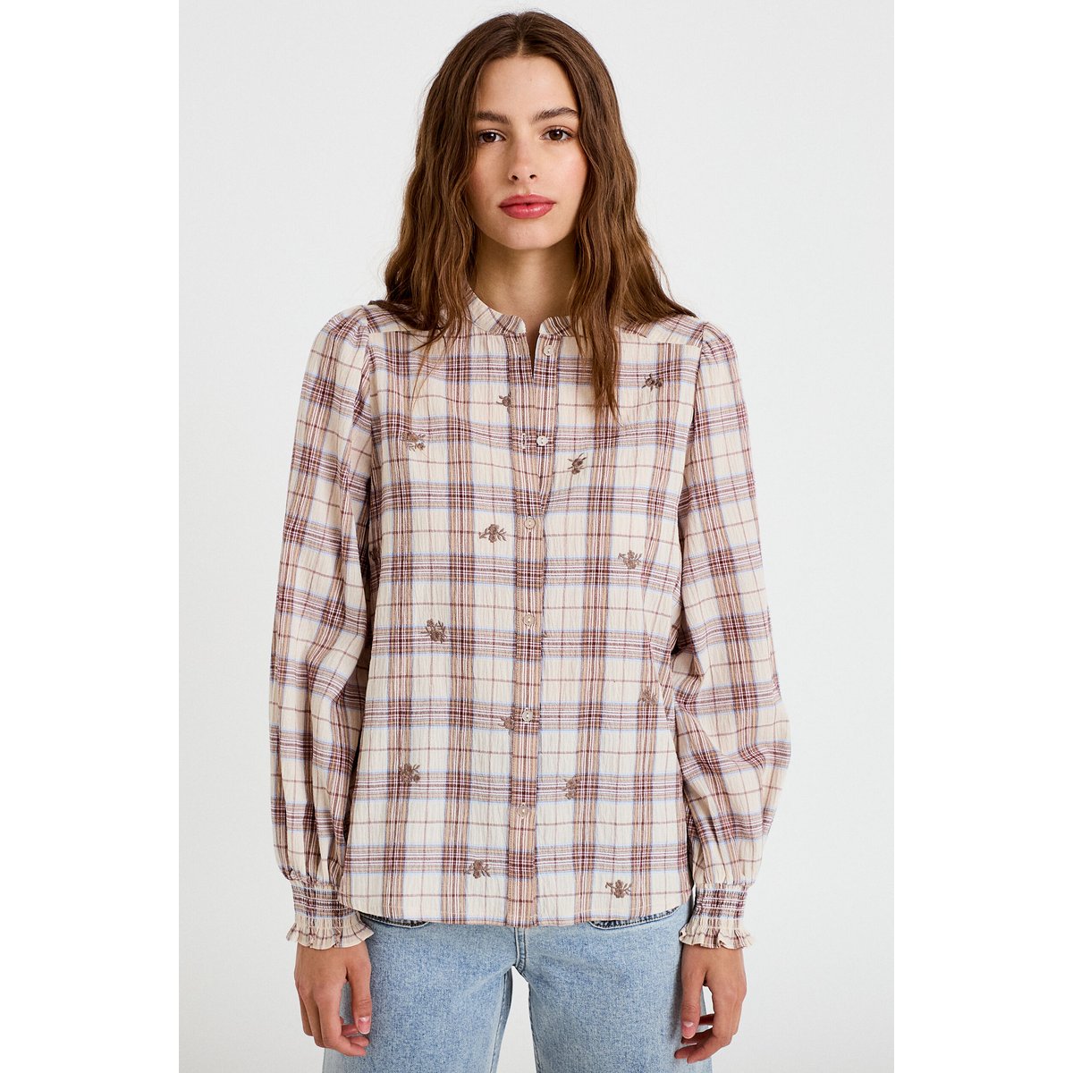 Blouse ample col montant manches longues beige, CACHE CACHE