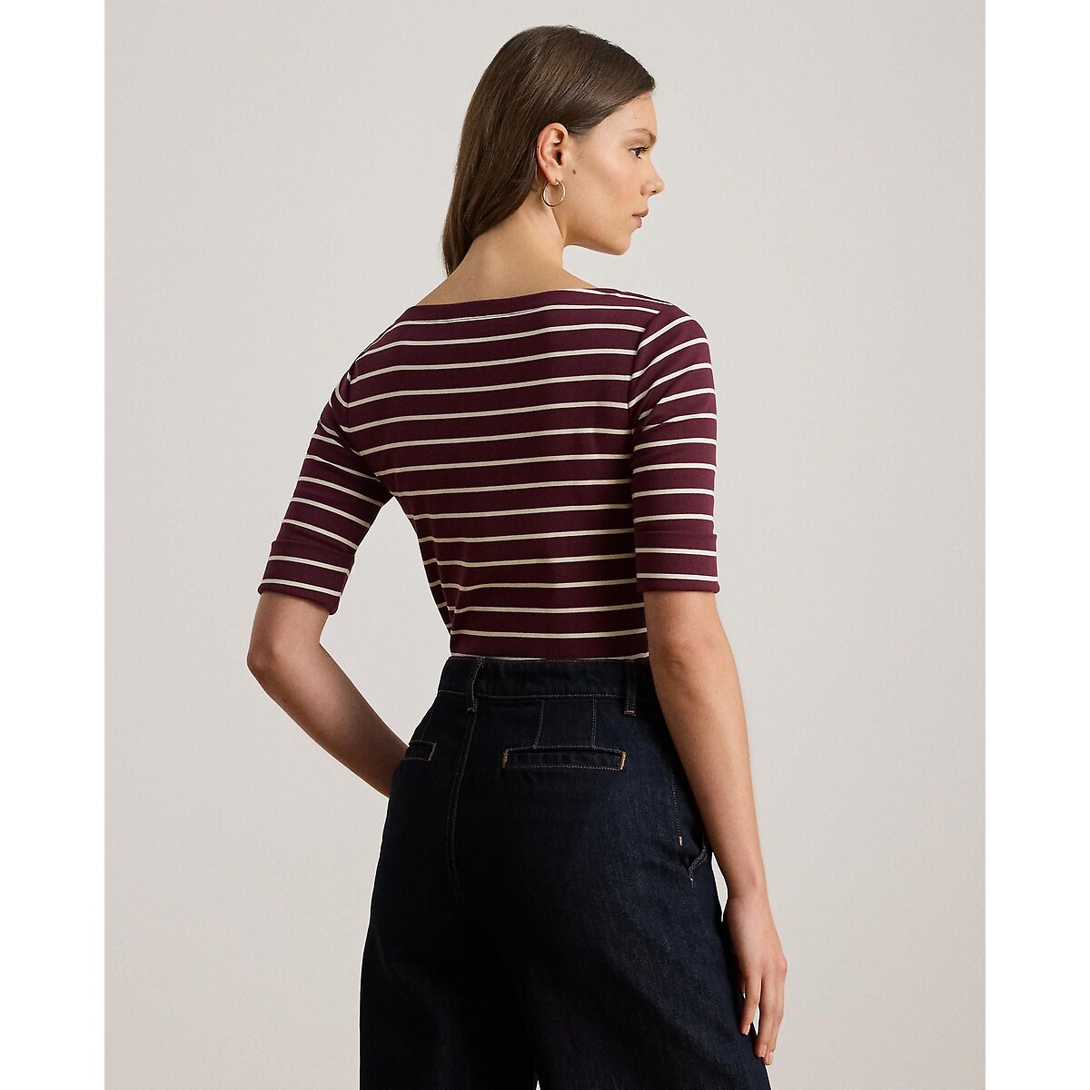 Judy Striped Boat Neck T-Shirt with Short Sleeves burgundy striped/white, LAUREN RALPH LAUREN