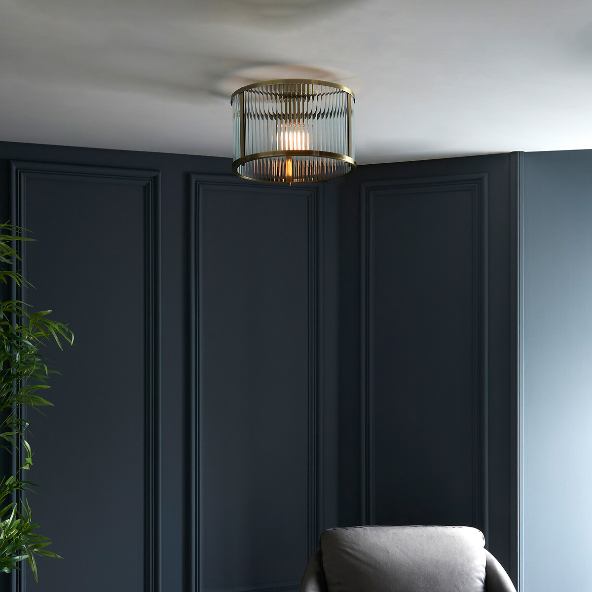 Risto Ribbed Glass Flush Ceiling Light aged brass, SO'HOME