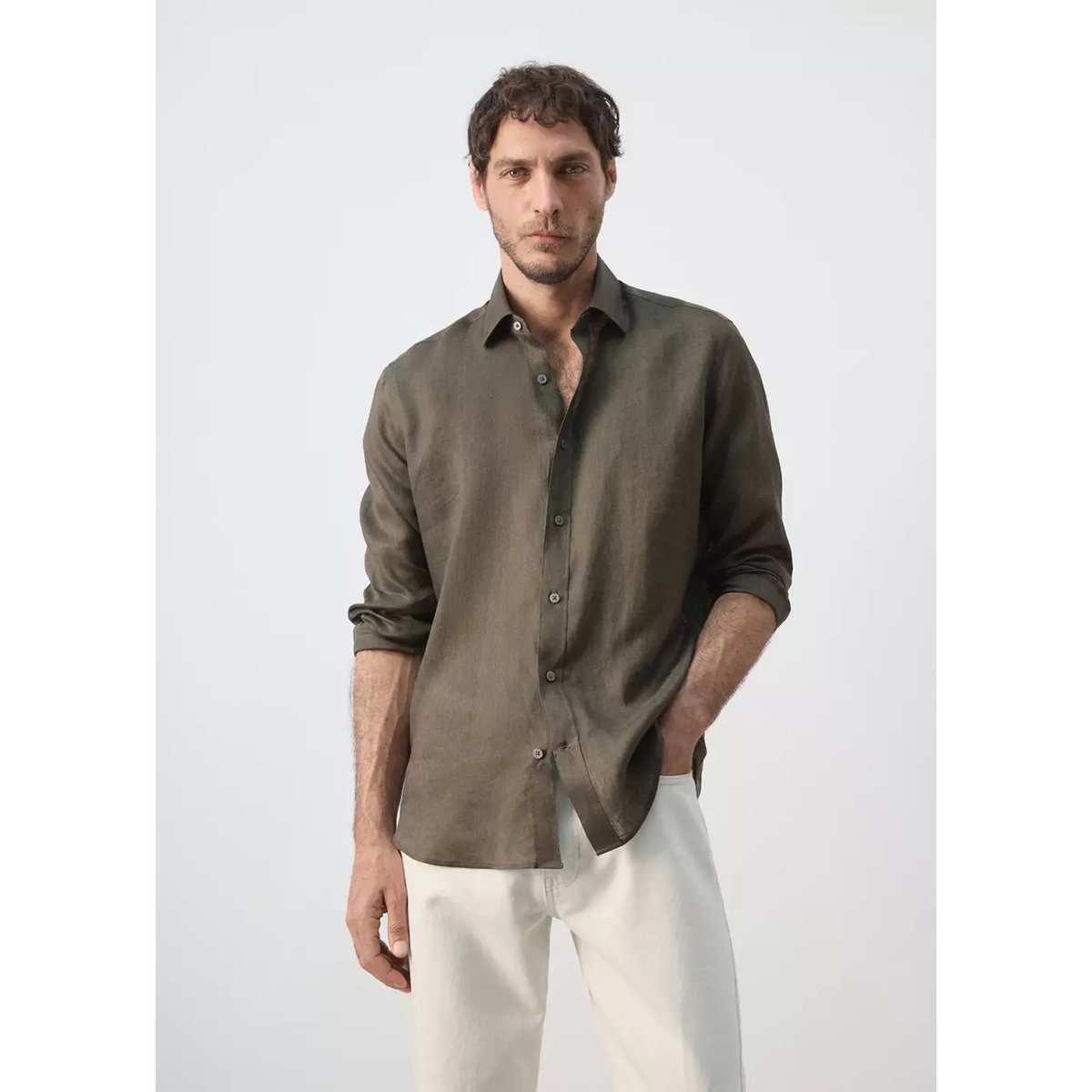 Chemise regular fit 100 % lin vert moyen, MANGO MAN