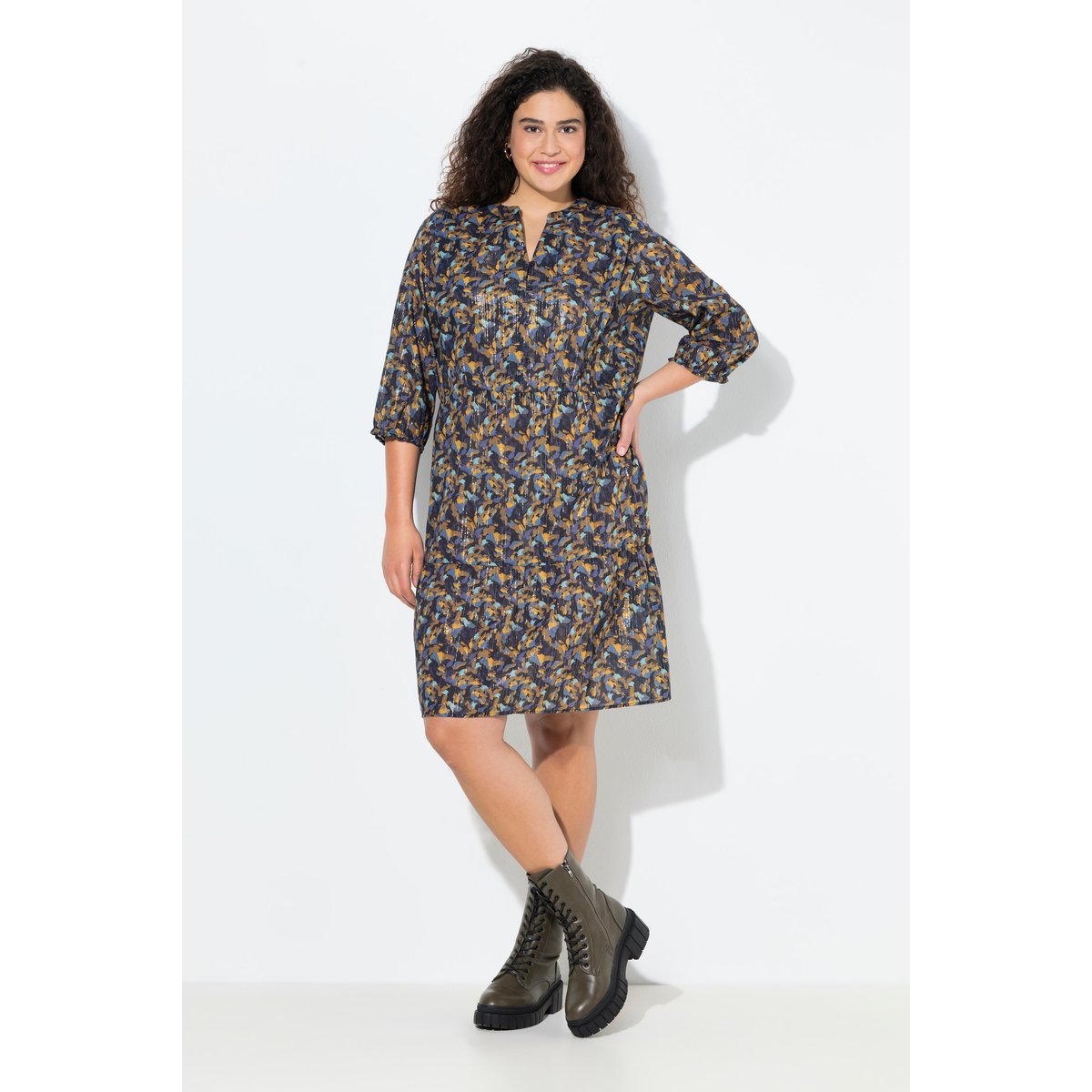 Robe évasée à col en V et manches 3/4 bleu encre, ULLA POPKEN