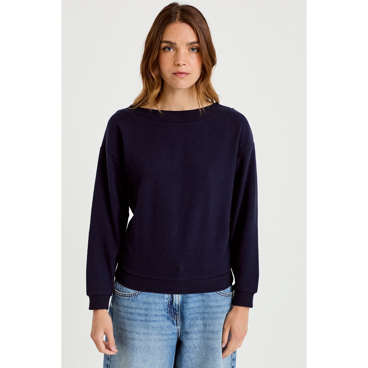 Sweat duveteux col rond manches longues bleu marine, CACHE CACHE