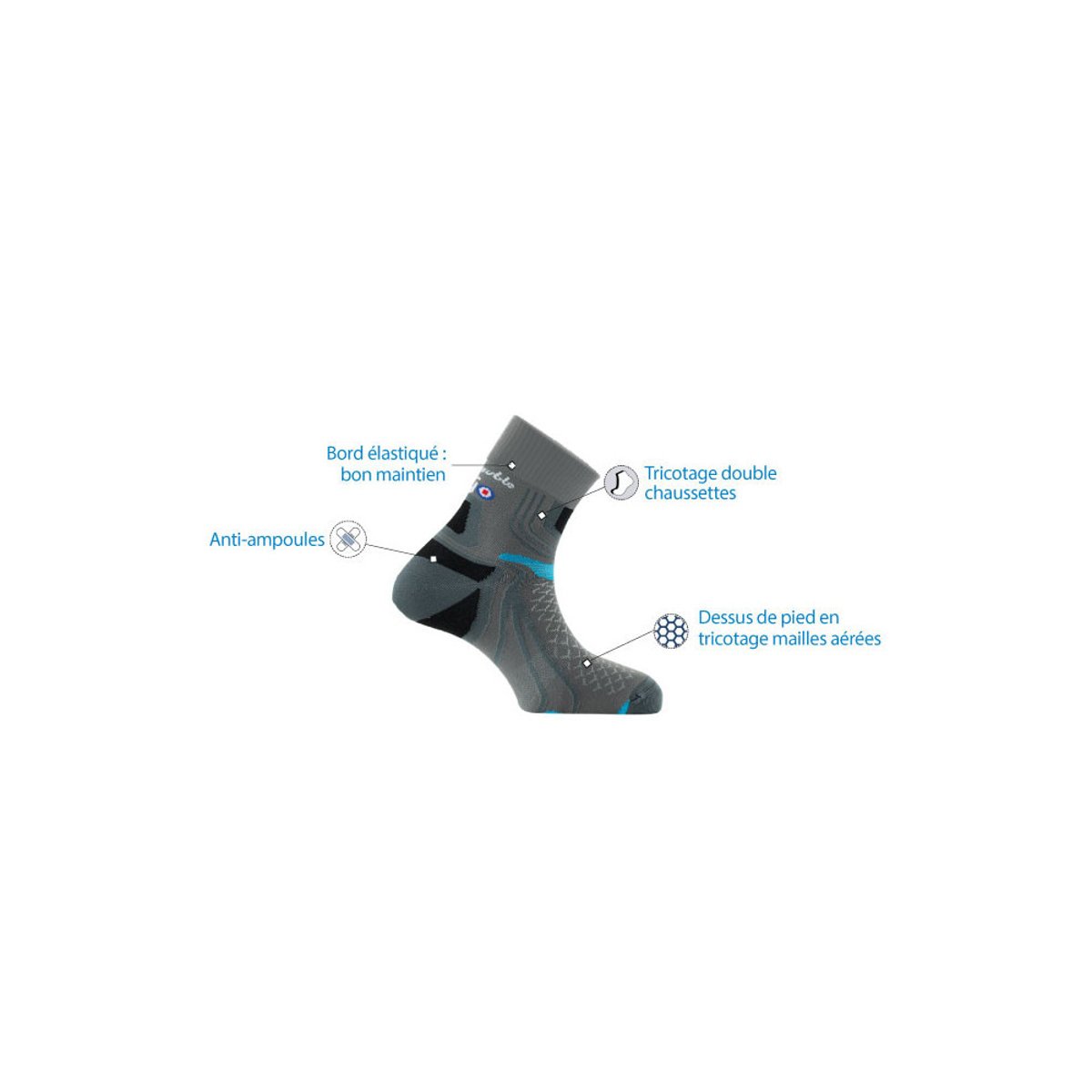 Chaussettes tiges courtes La Double® Trek en fils recyclés gris turquoise, THYO