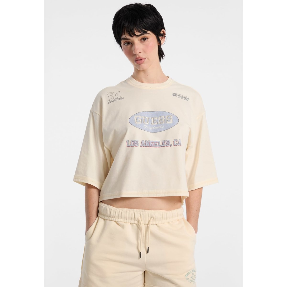 T-Shirt Cropped Imprimé blanc, GUESS