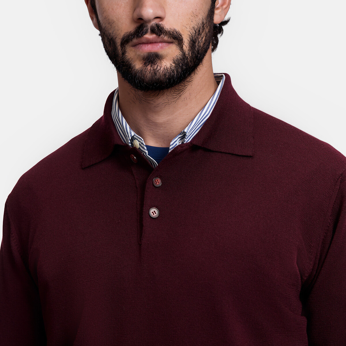 Jersey con cuello polo de lana merina, Signature burdeos, LA REDOUTE COLLECTIONS