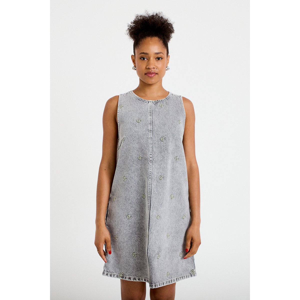 Robe courte évasée en jean sans manches denim gris, CACHE CACHE