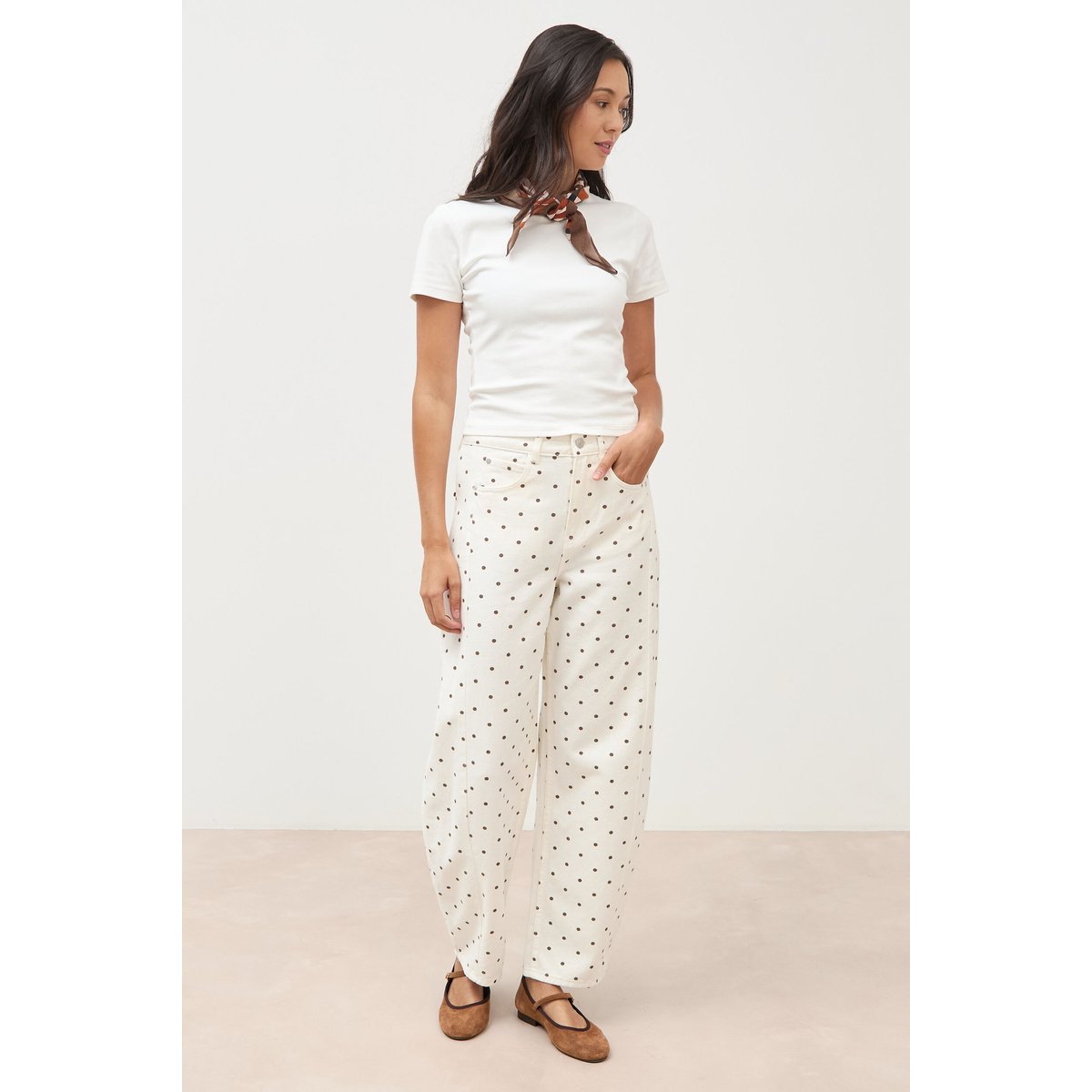 Jeans barrel taille haute bas resserré ecru, BONOBO