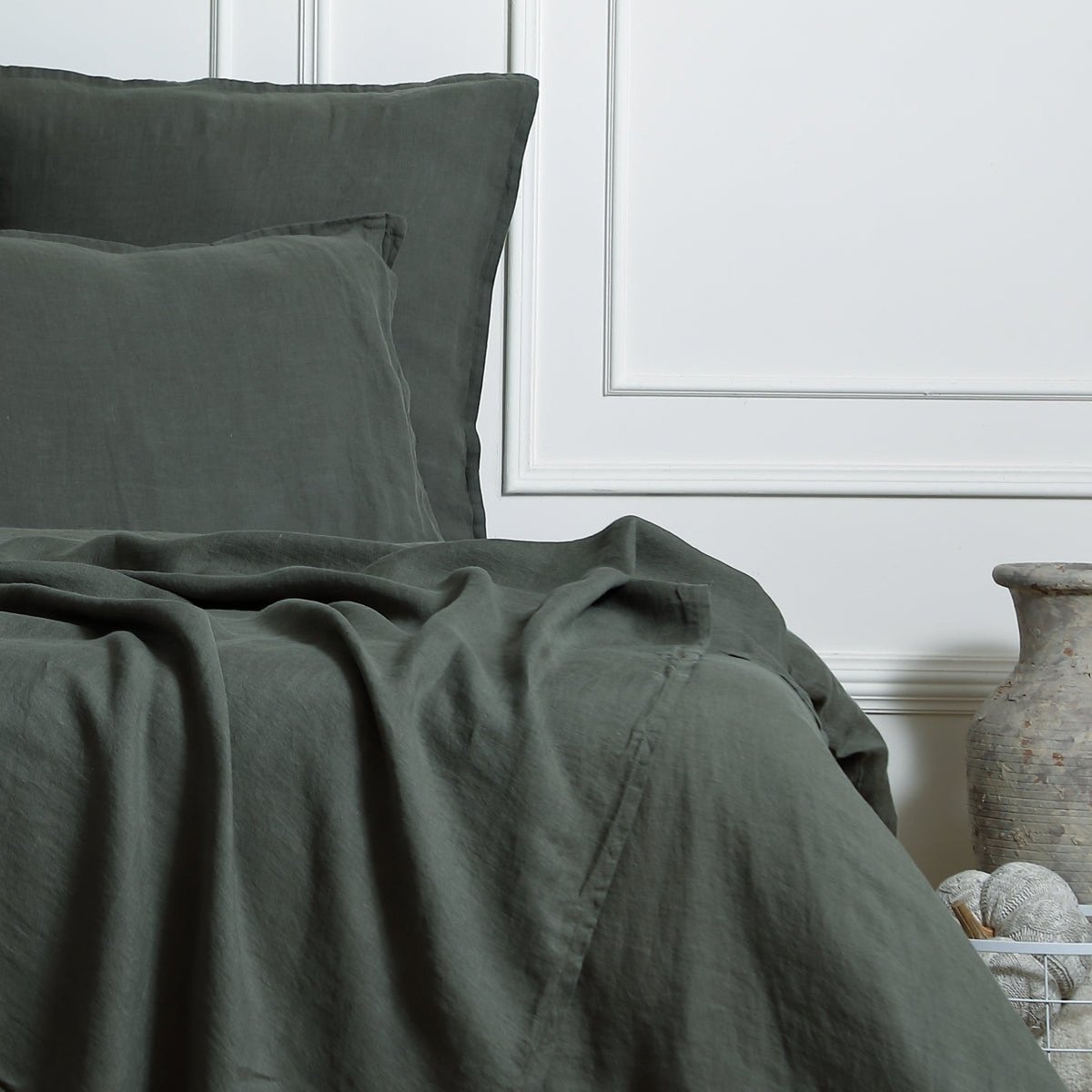 Drap plat lin lavé CAMILLE vert kaki, FEBRONIE
