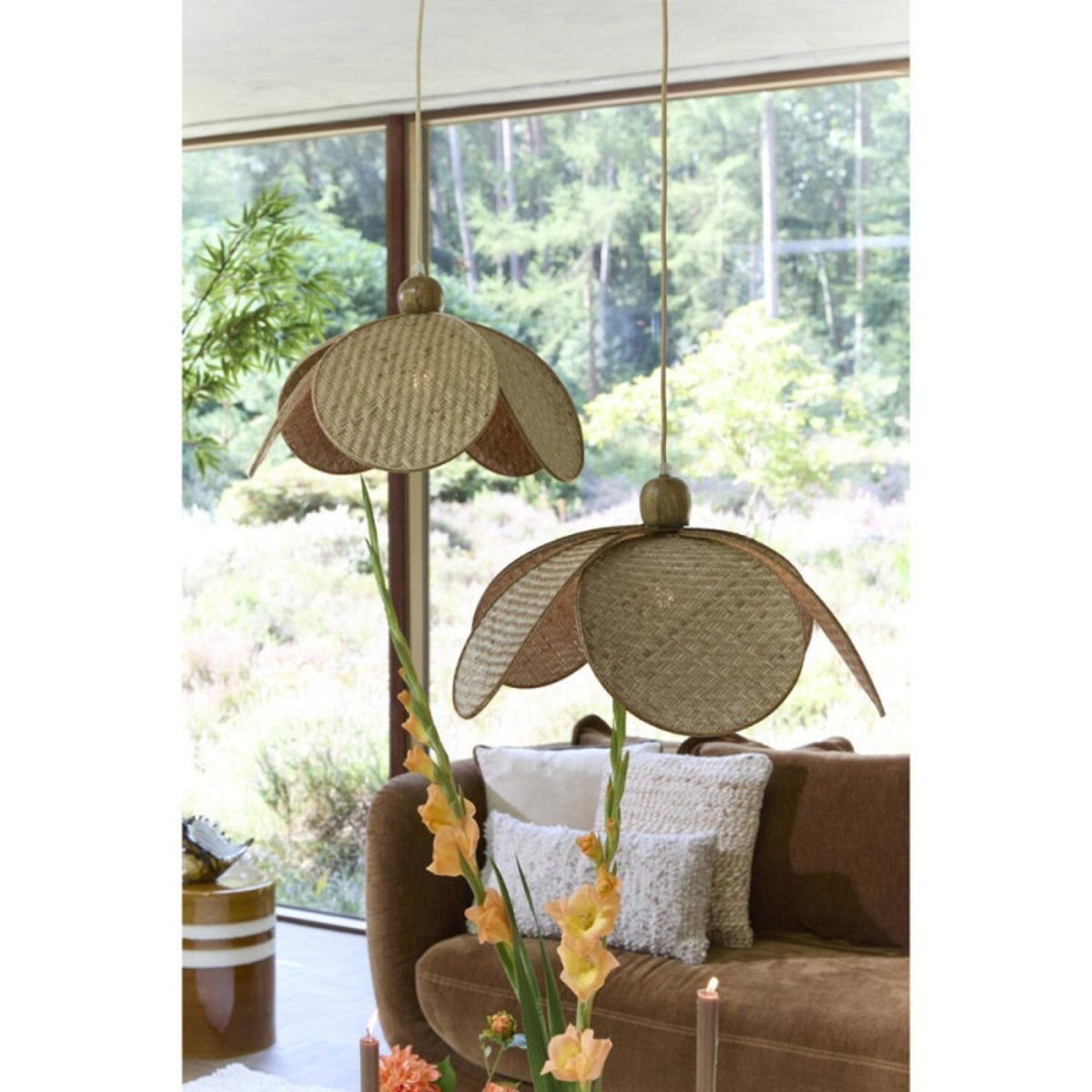 Suspension fleur fibre naturelle et bois D48 LAVRIO beige, MILLUMINE