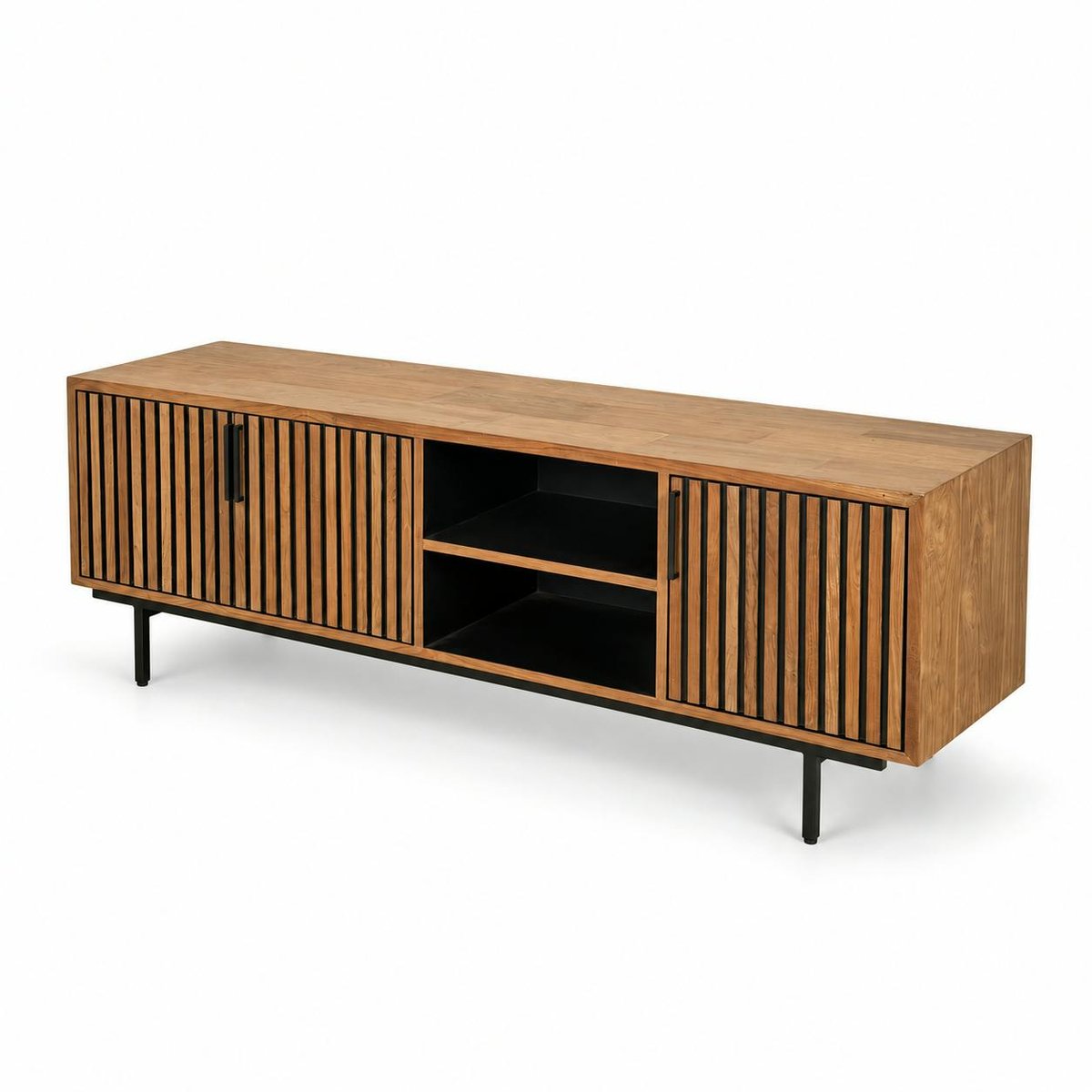 Meuble TV 3 portes 2 niches teck recyclé FANO bois naturel, PIER IMPORT