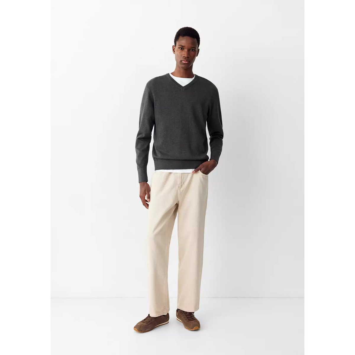 Pull-over coton col V gris chiné moyen, MANGO TEEN