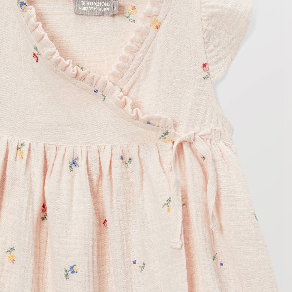 Robe portefeuille avec bloomer brodés en gaze de coton BIO GOTS poudre, BOUT'CHOU