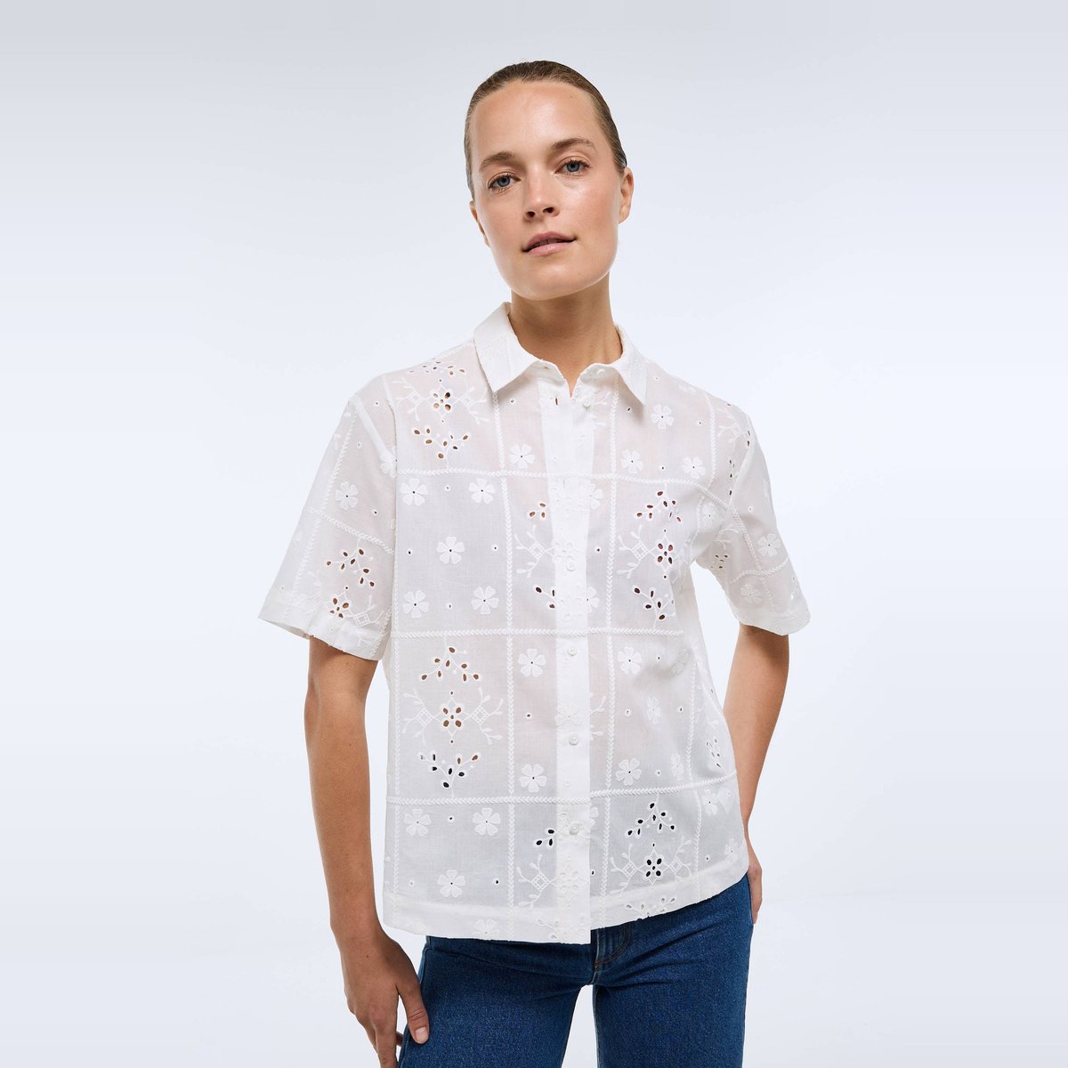 Chemise manches courtes brodée blanc, MONOPRIX