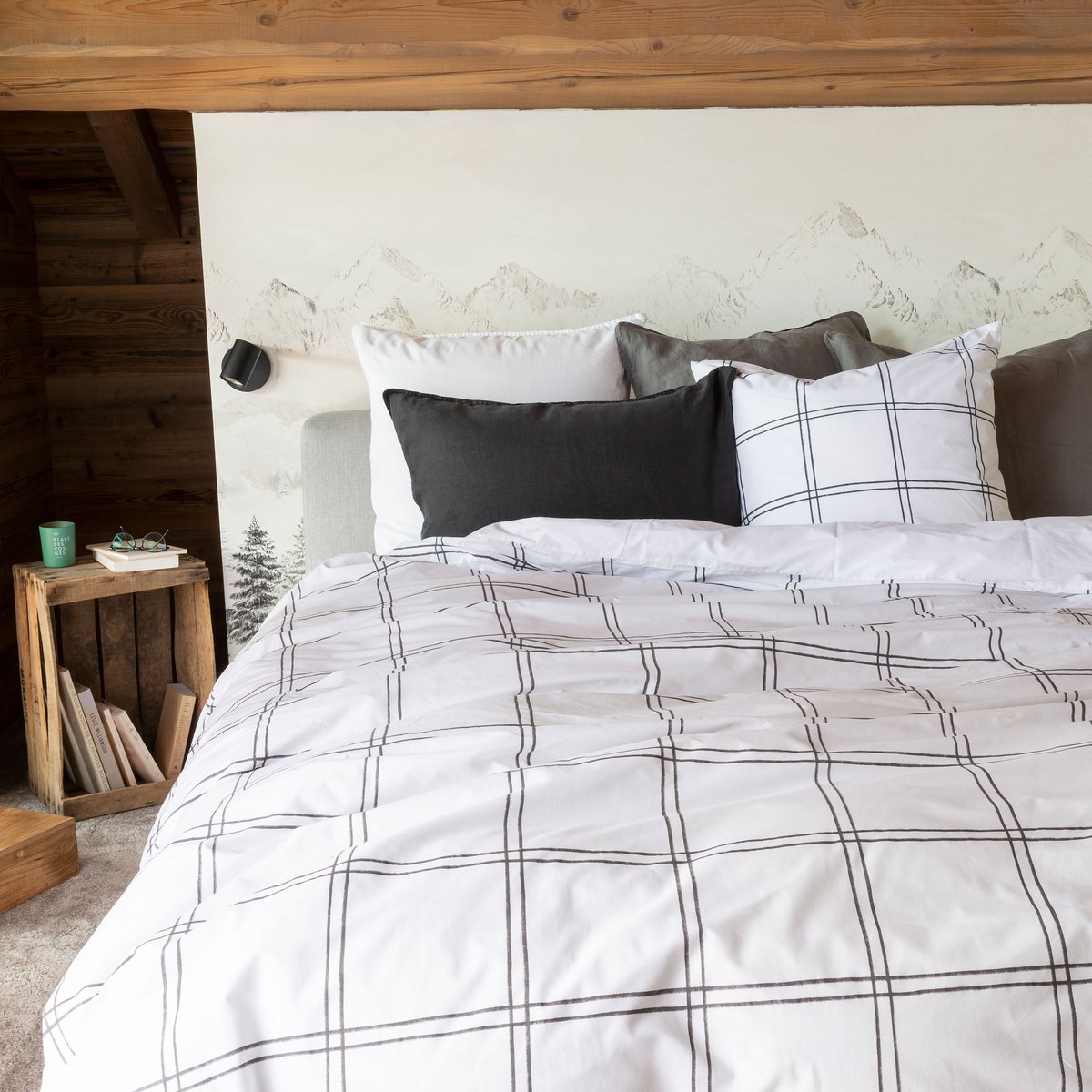 Housse de couette réversible percale de coton GRIZZLI imprimé, CARRE BLANC